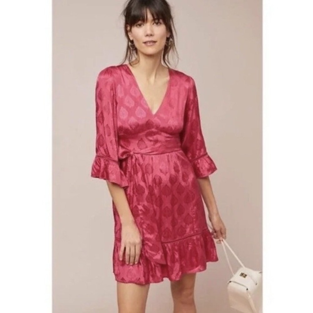 Maeve Anthro Christine Jacquard Mini Dress 6 Pink Belt Bell Sleeve Boho Feminine